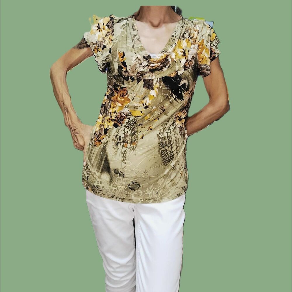 Dress Barn Olive Green Floral Sequin Soft Velvet-Like Top Size Small